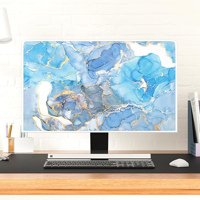 Baocicco Baby Blue Gold Marble Waterproof Screen TV Cover 70 Inch Modern Television Accessories TV LCD Fashion Weatherproof Screen TV Decorations for Tablet LED LCD OLED TVs