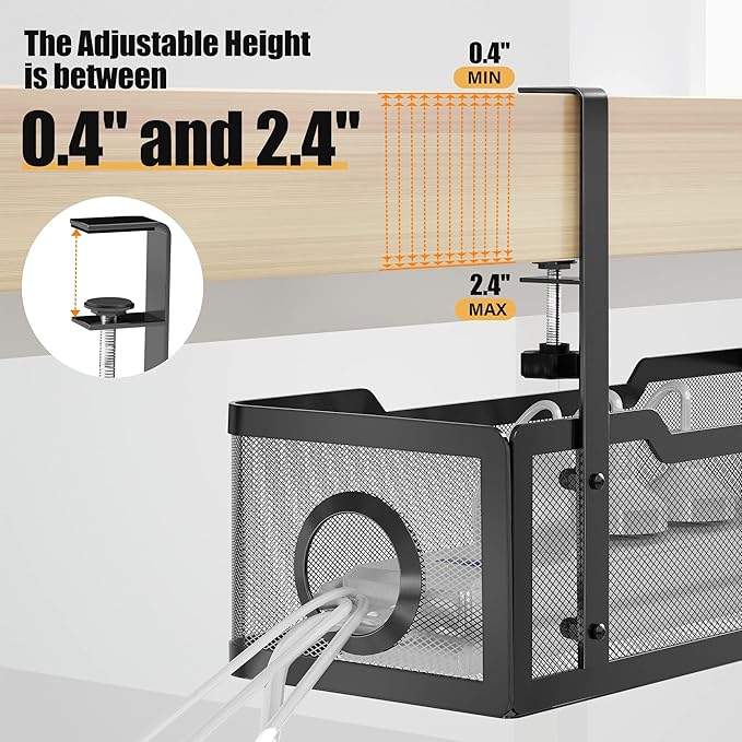 Under Desk Cable Management Tray Black, Cinati Wire Organizers No Drill, Cable Tray with Clamp for Wire Management, Cord Organization Box for Office, Home - No Damage to Desk
