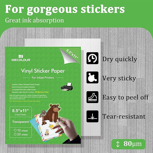 MECOLOUR Clear Sticker Paper Printable Vinyl for Inkjet Printer-100 Sheets Transparent Sticker Paper