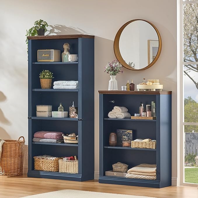 RWYHG 43" Blue Tall Bookshelf,3-Tier Thick Wooden Book Shelf with Adjustable Shelves,Free Standing Farmhouse Bookcase with Open Display Storage,Floor Vintage Bookshelves for Living Room,Office