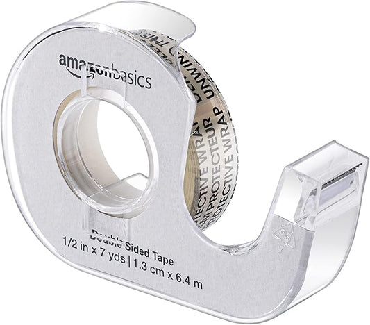 Amazon Basics Double Sided Refillable Permanent Tape with Dispenser, Narrow Width, 1/2 x 252 inches, 3-Pack, Translucence