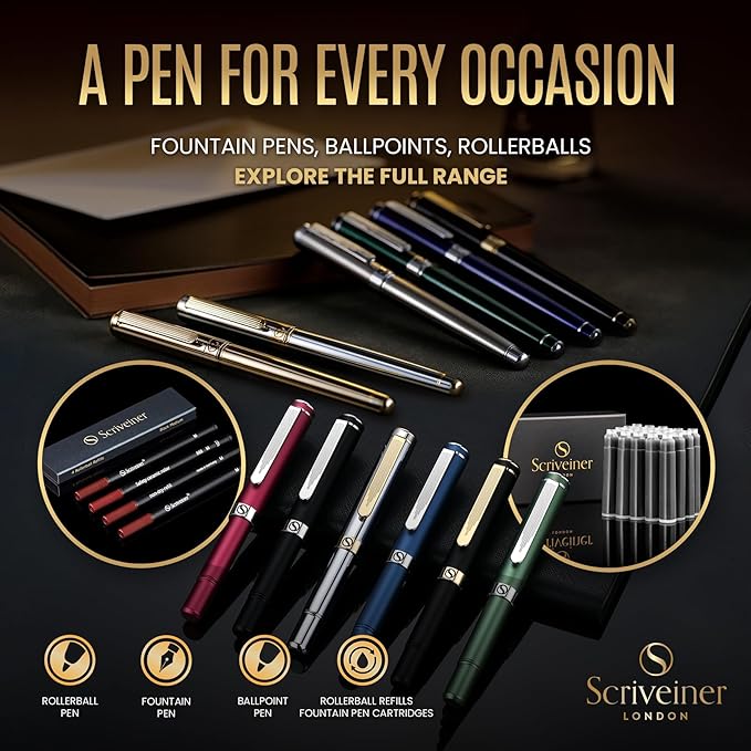 Scriveiner Luxury EDC Fountain Pen (Medium), Stunning Luxury Black Pocket Pen, Real Gold Plating, Schmidt Gilded Nib, Converter, Best Writing Gift Set for Men & Women, Nice Fancy Office Designer Pen