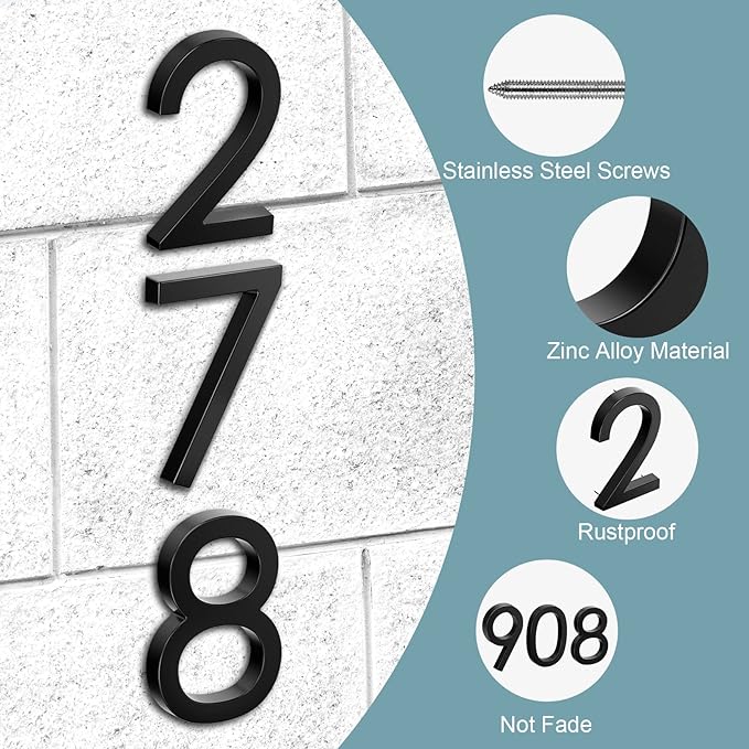 6" Floating Stainless Steel Address House Number, Modern Metal Anti-Rust House Numbers with Nail Kits for Door Garden Mailbox Decor Visibility Signage (4)