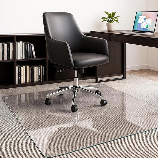 JAMBALAY 55″×46″ Tempered Glass Chair Mat, Heavy Duty Glass Office Floor Mat for Carpets and Wooden Floor, with 12 Anti-Slip Pads, Polished Edges and Round Corners, Easy Roll On, Thick 0.2″