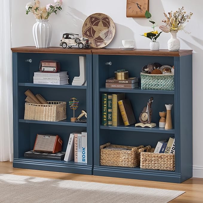RWYHG 43" Blue Tall Bookshelf,3-Tier Thick Wooden Book Shelf with Adjustable Shelves,Free Standing Farmhouse Bookcase with Open Display Storage,Floor Vintage Bookshelves for Living Room,Office