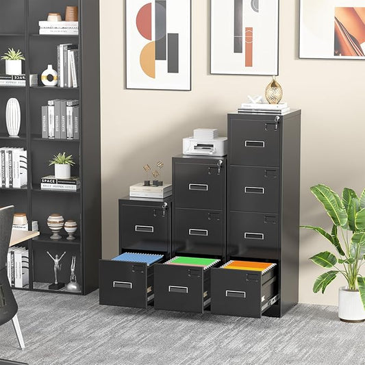 INTERGREAT 2 Drawer File Cabinet, Black Metal Filing Cabinet with Lock, Lockable Vertical File Office Cabinet for Hanging Letters/Legal/A4, Assembly Required