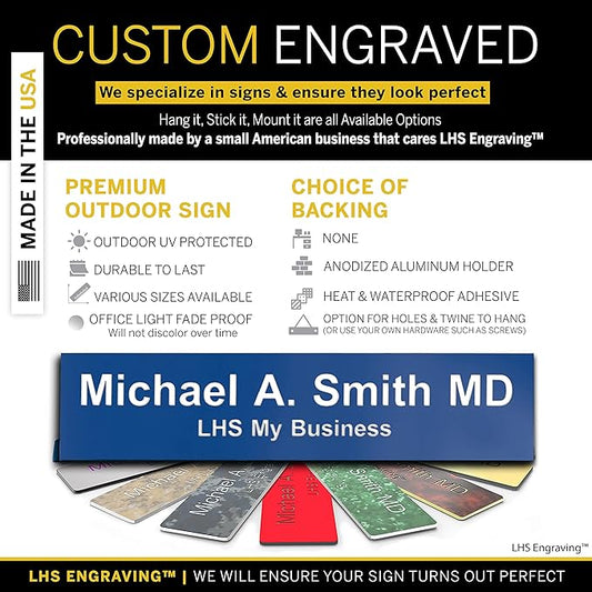 Personalized Name Plate with Choice of Mounting for Walls, Doors, Desk Holders, Cubicles, Hanging and More - Custom Blue Plastic White Letters - USA Made 2x8 - B9