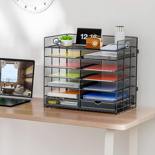 Marbrasse 7 Tier Desktop Literature Organizer, Mesh Paper Organizer, Desk Organizers with Drawer, File Sorter Mail Center Paper Storage Cabinet Classroom Keepers Mailbox for Office Home School (Black)