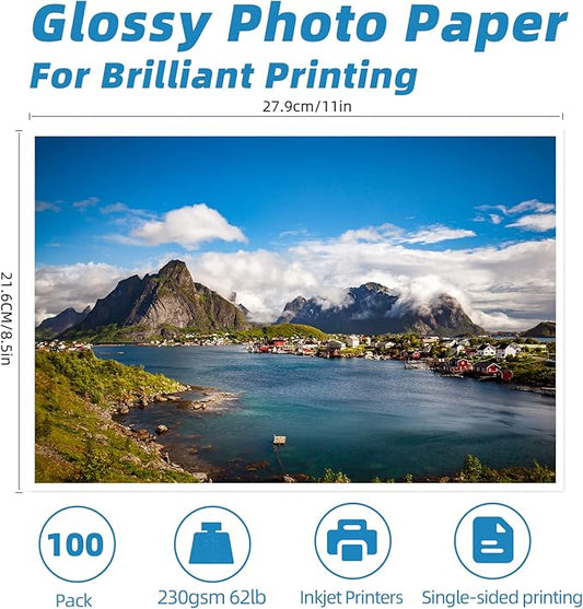 Uinkit 100 Sheets Thick Inkjet Glossy Photo Paper Picture 8.5x11 62lb 230g 11.1mil Cardstock Postcard Brochure For Dye Ink Inkjet Printer