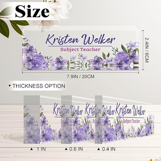 Ship Next Day-Custom Name Plate for Desk, Desk Name Plate Personalized, Acrylic Office Desk Accessories, Appreciation Gifts for Coworkers EmployeeTeachers Boss Women Men (Purple Flowers)