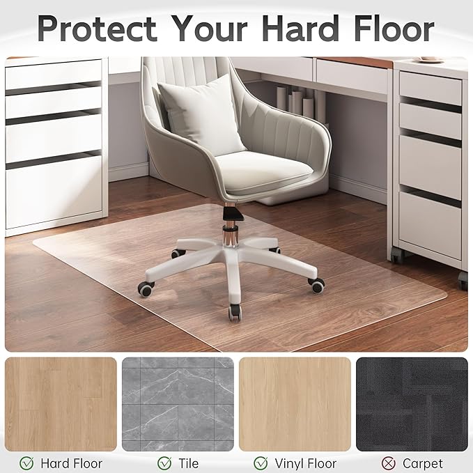 HOMEK Office Chair Mat for Hardwood Floor, 72" x 36" Clear Computer/Desk Chair Mat for Hard Floor, Thicker, Easy Glide, Non-Slip, Protects Hard Surfaces from Scratches, Ideal for Home or Office