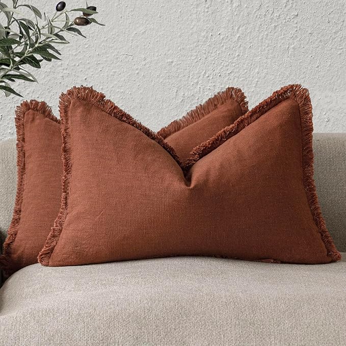 Foindtower Set of 2 Decorative Linen Fringe Throw Pillow Covers... (Orange, 12..