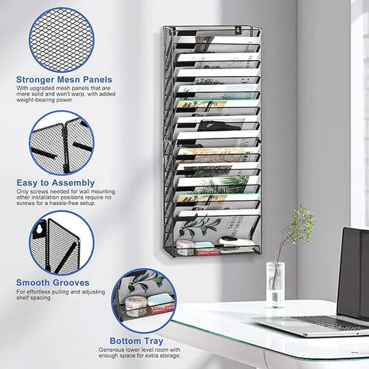 EasyPAG Wall File Holder 14 Tier Mesh Hanging Folder Organizer... (Black)