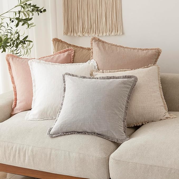 Foindtower Set of 2 Decorative Linen Fringe Lumbar Throw Pillow Covers Boho Farmhouse Cushion Cover with Tassels Soft Accent Pillowcase for Couch Sofa Bed Living Room Home Decor,12×20 Inch,Light Pink