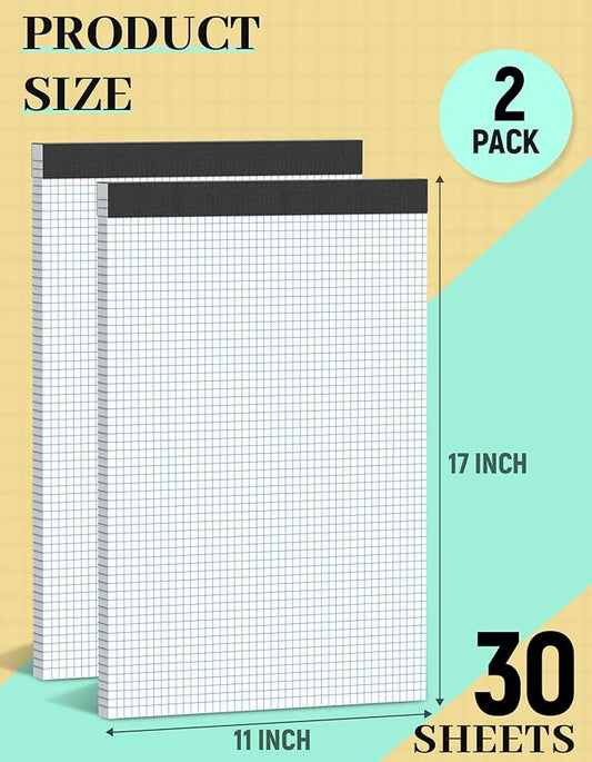 2 Pack Graph Paper Pad 11x17 for Blueprint Drawings, Drafting, Engineering Drawing, and Planning, 4x4 Quad Ruled Blueprint Quadrille Paper, Perforated Large Grid Paper Drafting Paper 30 Sheets/Pad