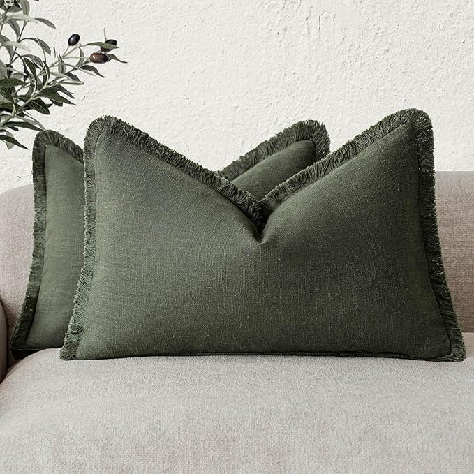 Foindtower Set of 2 Decorative Linen Fringe Throw Pillow Covers... (Green, 12×..