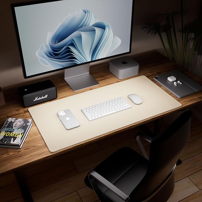 Aothia Dual-Sided Desk Mat - Leather & Cork Desk Protector, Large Mouse Pad & Writing Pad for Office/Home, Waterproof, Beige (35.4" x 15.7")