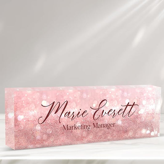 Personalized Name Plate for Desk Custom Acrylic Desk Name Plate Custom Employee Appreciation Gifts Office Gifts for Women, Men, Boss, Coworkers, Teacher, Nurse (B-Pink Crystal)