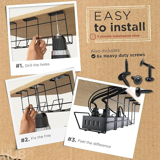Compact Under Desk Cable Management Tray - Cable Organizer for Wire Management, Desk Wire Organizer, Cable Tray - Black Set of 2x12
