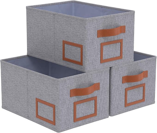 OUTBROS Foldable Storage Box for Shelves, 15 x 10.2 x 7.9 inch Fabric Baskets, Wardrobe Organiser with Handles, Suitable for Storing Clothes, Books, Cosmetics (Gray, 3-Pack)