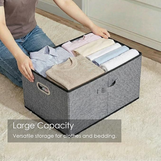 PRANDOM Storage Bins with Lids [3-Pack] Linen Fabric Foldable Storage... (Grey..