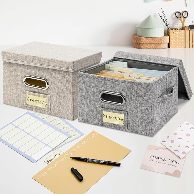 Remowith Greeting Card Organizer and Storage Box with 20 Pcs Adjustable Dividers, Storing Cards with 84 Pcs Labels Perfect for Storing Greeting Cards, Envelopes, Photos 2 Pack Grey