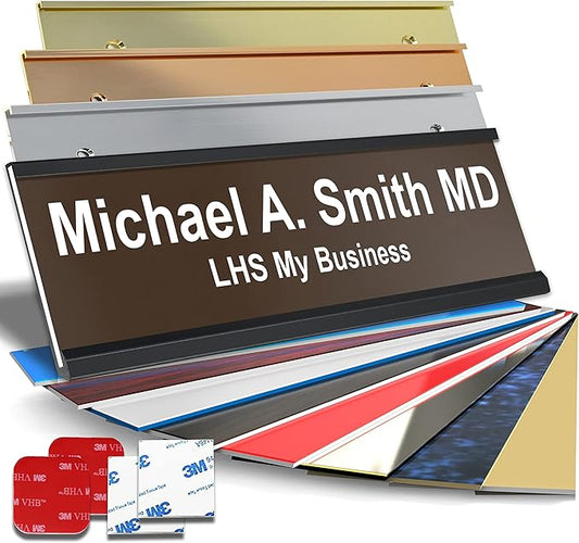 Custom Name Plate for Doors, with Choice of Mounting Holders for Walls, Doors, Cubicles, Hanging and More - Personalized Brown Plastic White Letters - USA Made 2x6 - B25