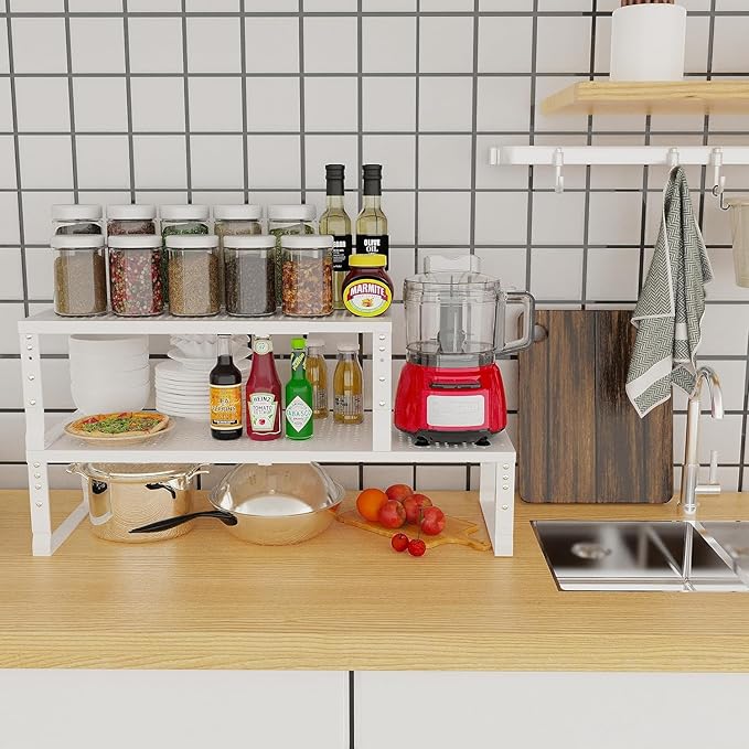 Jojocross Expandable Cabinet Shelf Organizer Storage Spice Rack Shelves for Kitchen Stackable Adjustable Pantry Cupboard Bathroom Countertop Desktop(2Packs/White/Large-with Hole)