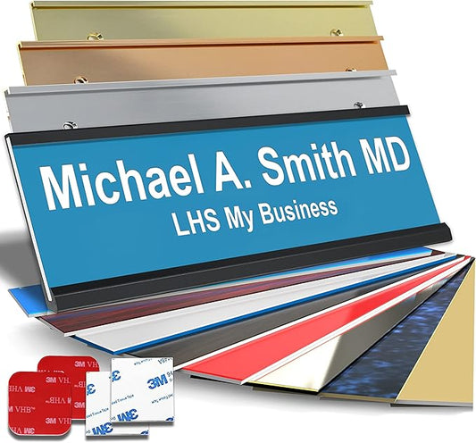 Custom Name Plate with Choice of Mounting for Walls, Doors, Cubicles, Hanging and More - Personalized Light Blue Plastic White Letters - USA Made 2x12 - B1