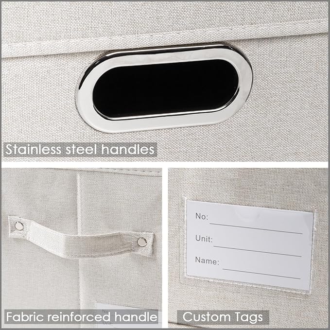 PRANDOM Storage Bins with Lids [3-Pack] Linen Fabric Foldable Storage... (Beig..