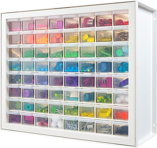 IRIS USA Bead Organizer Storage Bin Drawer Cabinet, 64-Drawer Plastic Organization Chest for Screws Bolts Nails Hardware Small Parts Electronics Charm Tools Scrapbook Art Craft Hobby Supplies - White