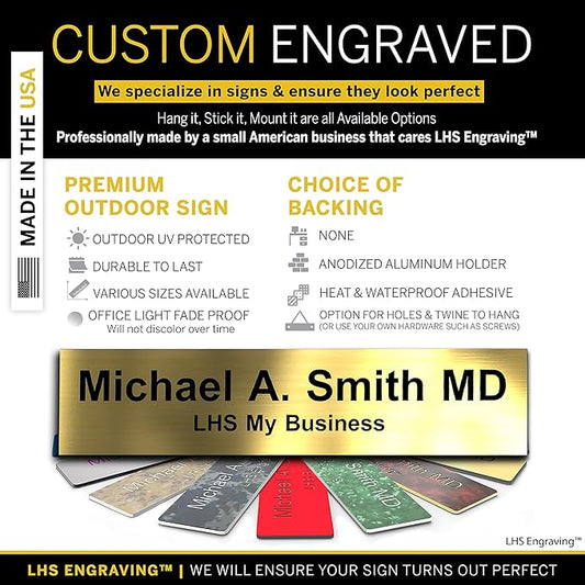 Personalized Name Plate with Choice of Mounting Holders for Walls, Doors, Cubicles, Hanging and More - Custom Brushed Brass Plastic Black Letters - USA Made 2x10 - M6
