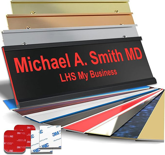 Custom Name Plate with Choice of Mounting for Walls, Doors, Desk Holders, Cubicles, Hanging and More - Personalized Black Plastic Red Letters - USA Made 2x8 - B19