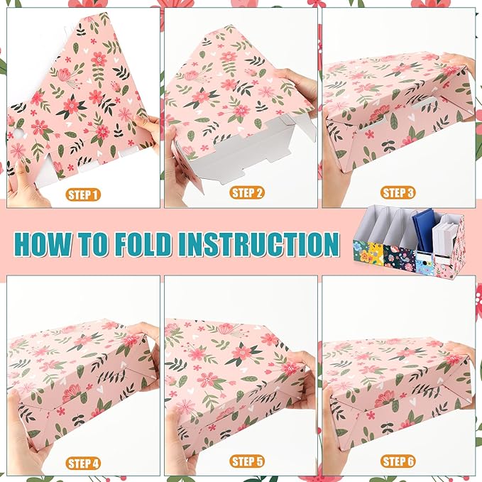 PerKoop 12 Pcs Magazine File Holder Foldable Decorative Cardboard File Folders 6 Patterns Floral Colored Magazine Rack with Printable Sticker Labels for School Office Home Desk (Flower Design)