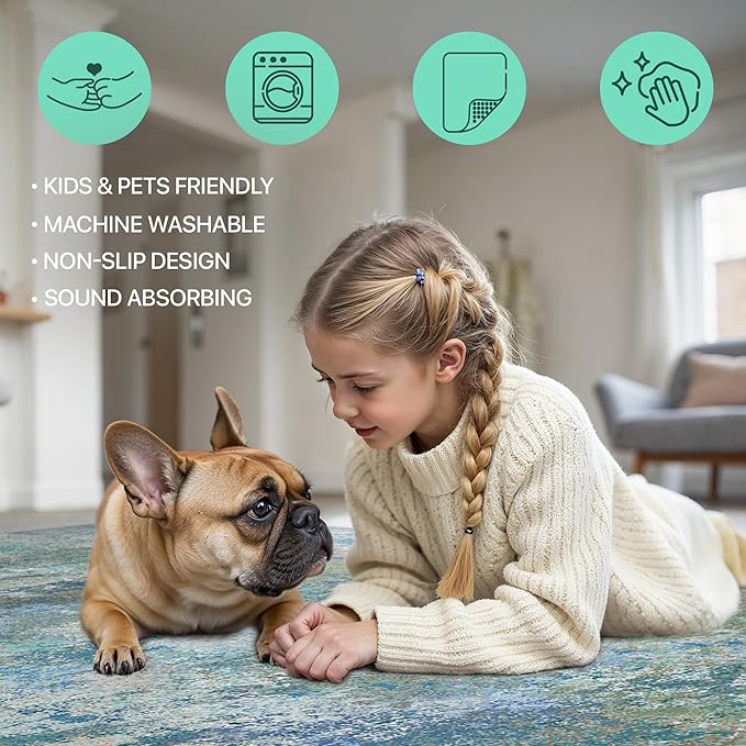 GENIMO Washable Rugs 5x7 Area Rugs for Living Room Bedroom, Modern Lightweight Rug Ultra Soft Indoor Area Rugs 5x7 for Dining Room, Low Pile Carpet with Non Slip Backing, Blue Green