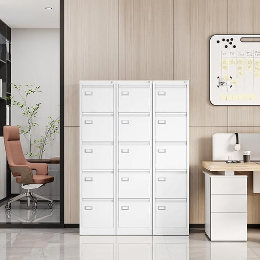 Fesbos File Cabinets - 5 Drawers Vertical 17.8" Deep Lockable Filing Cabinet - White Metal Storage Cabinets for Home Office to Hanging Files Letter/Legal/F4/A4 Size