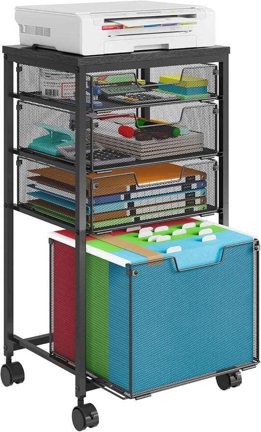 Sbanmao Rolling File Cart with 4 Storage Drawers, Filing Cabinet for Home Office, Hanging File Folder Organizer with Wheels Under Desk, Utility Craft Cart Printer Stand, Black, Patent Pending