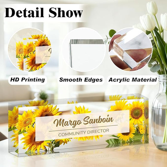 Ship Next Day-Custom Name Plate for Desk, Desk Name Plate Personalized, Acrylic Office Desk Accessories, Appreciation Gifts for Coworkers Employee Boss Teachers Women Men (Sunflower)