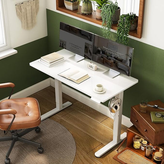 INNOVAR Glass Standing Desk with Drawers, 40 x 24 Inches Electric Height Adjustable Desk, Tempered Glass Top Stand Up Desks for Home and Office, White