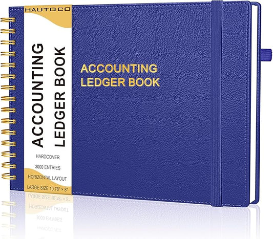 HAUTOCO Hardcover Accounting Ledger Book for Small Business Bookkeeping Horizontal Money Expense Tracker Notebook with 2 Storage Pouch, Personal Columnar Log Journal 10.78 x 8'', Navy Blue