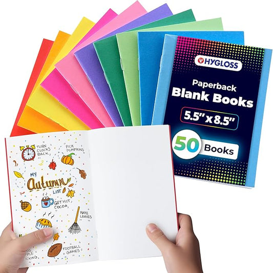 Hygloss Blank Books - Bulk 50 Pack – 5.5" x 8.5" A5 Assorted Colors – Paperback Blank Books for Kids to Write Stories, Doodle Art – Plain Drawing Sketchbook, Unlined Journal, Notebook Without Lines