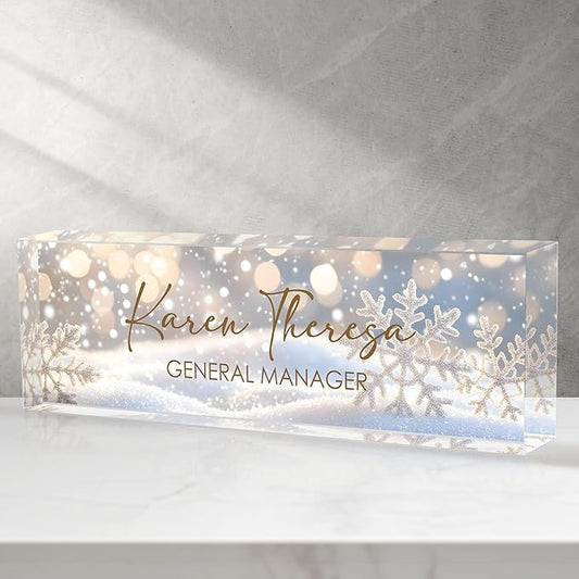Custom Office Name Plate, Personalized Gifts for Women & Men, Appreciation Gifts for Employees, Office Desk Accessory (Shining Snowflake)