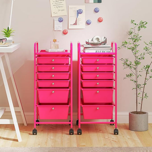 RELAX4LIFE 6-Drawer Rolling Storage Cart - Classroom Organization on Wheels w/Removable Plastic Drawers, Mobile Art Craft Cart for School Paper Home Office, Utility Cart with Drawers (Pink)
