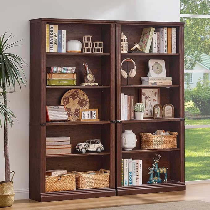 RWYHG 70" Walnut Tall Bookshelf Set of 3,5-Tier Thick Wooden Book Shelf with Adjustable Shelves,Free Standing Farmhouse Bookcase with Open Display Storage,Floor Vintage Bookshelves for Living Room