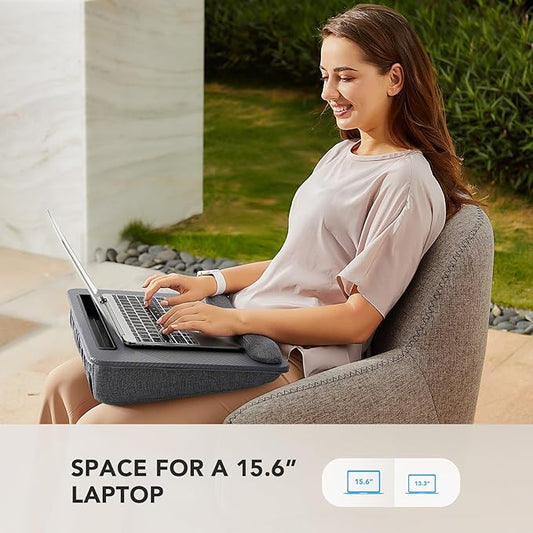 HUANUO Lap Laptop Desk - Portable Lap Desk with Pillow Cushion, Fits up to 15.6 inch Laptop, with Anti-Slip Strip & Storage Function for Home Office Students Use as Computer Laptop Stand - Grey