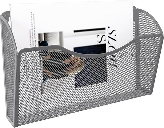 EasyPAG Single Pocket Wall File Organizer, Mesh Hanging File Folder Organizer for Letter/A4 Size Folders, Wall Mounted Vertical Mail Holder for Paperwork, Office, Home, School, Silver