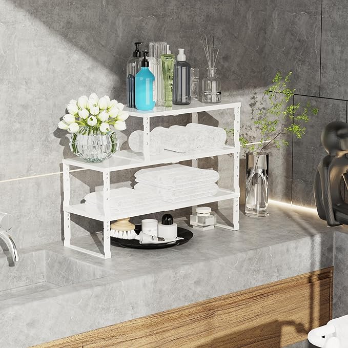 Jojocross Expandable Stackable Spice Rack Organizer for Kitchen Cabinet,Adjustable Counter Shelf, countertop, Pantry,Cupboard,Bathroom,Bedroom(1Pack/White/Large)