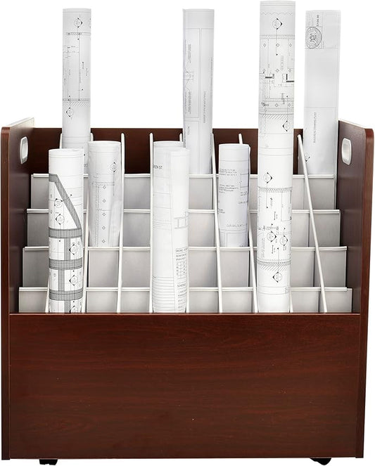 Adir Blue Print Storage Organizer - Mobile Roll File Cart, Construction Plan Holders, Blueprint Cabinet with Wheels, Roll Files Storage for Office and Home (50 Slots, Mahogany)