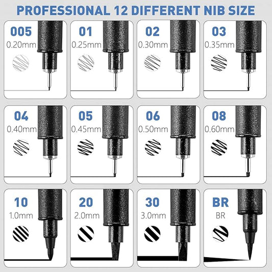 YISAN Drawing Art Pens,Micro Fineliner Pens,Fine Tip Manga Markers for Artist Sketch Technical,Black,12 Set,902195