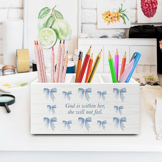 XPH Blue Coquette Bow Christian Pen Pencil Holder Organizer for Desk, Preppy Desk Decor, Christian Gifts for Women, Bible Verse Wooden Box Sign for Girly Room Bedroom Dorm Tabletop Decorations